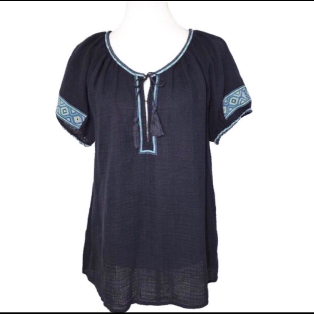 J. Crew Aztec Embroidered Navy Blue Peasant Blouse Size M